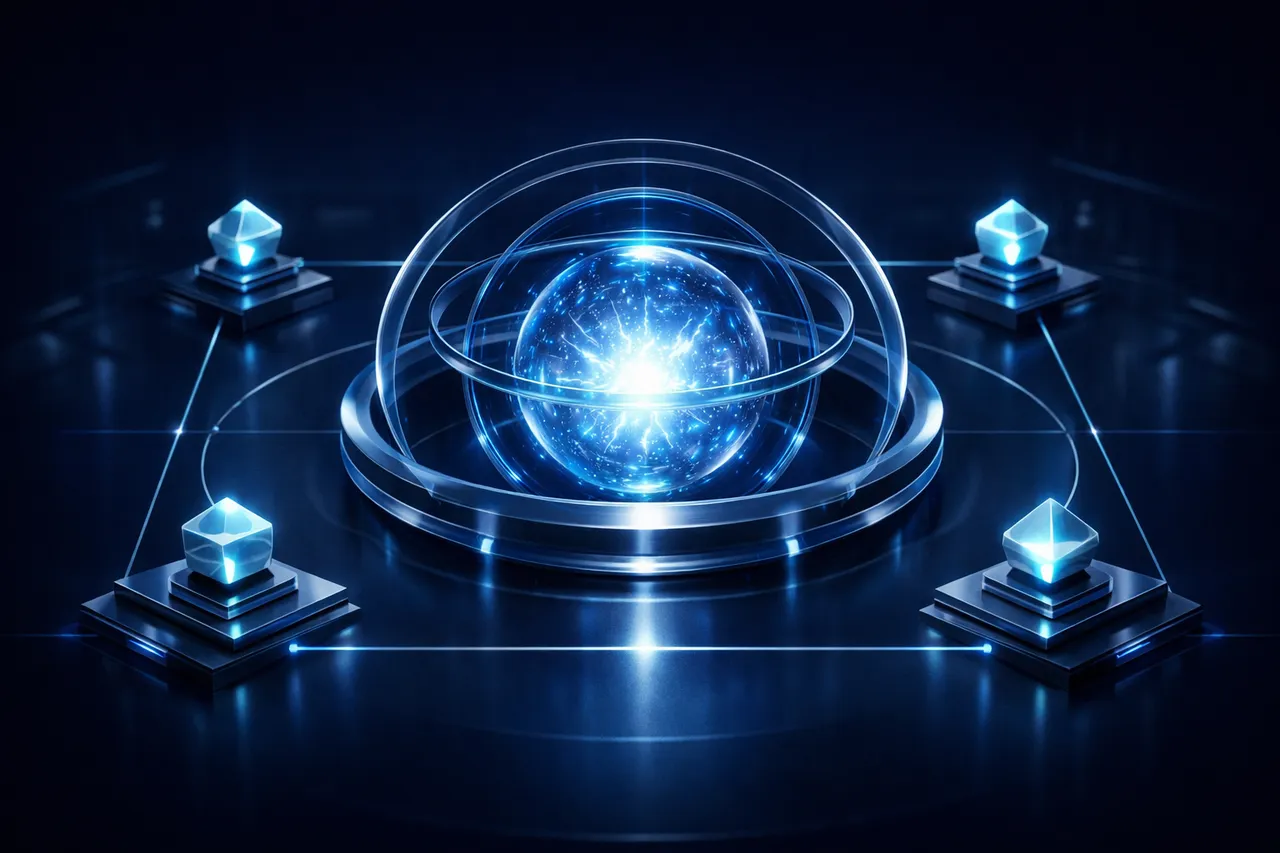Abstract illustration of an intelligent core contained by oversight rings and checkpoint nodes.