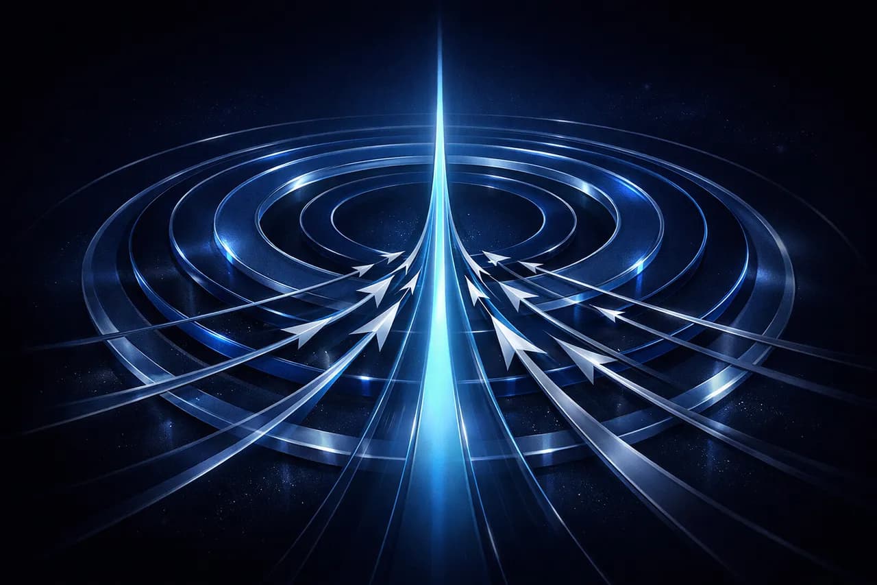 Abstract illustration of concentric governed portfolio rings converging into a central execution path.