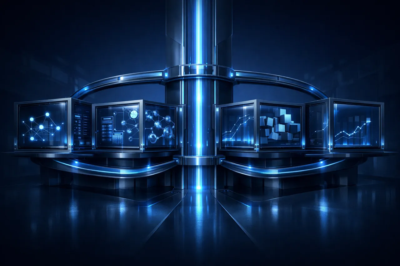 Abstract illustration of governed money movement and clearing pathways sharing one operational core.