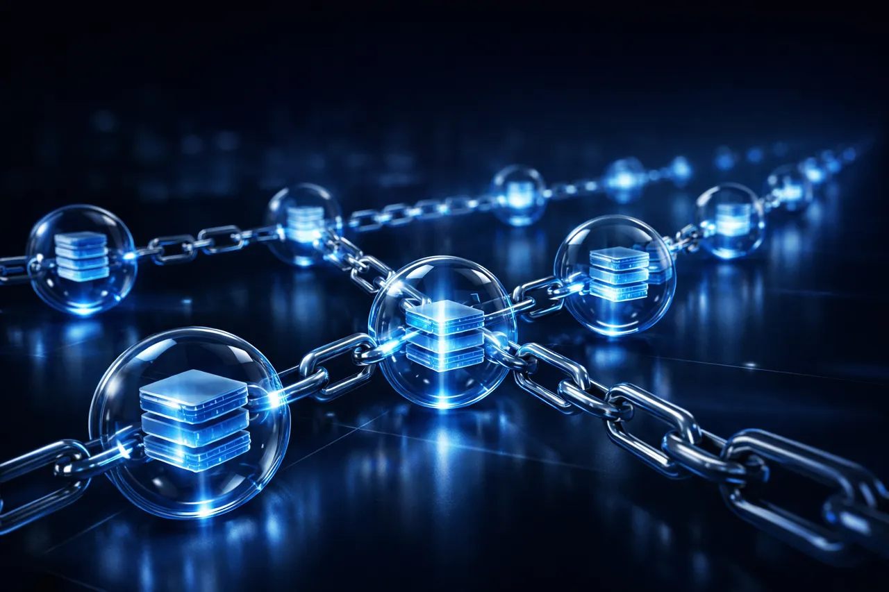 Abstract illustration of immutable records linked in a luminous evidence chain.