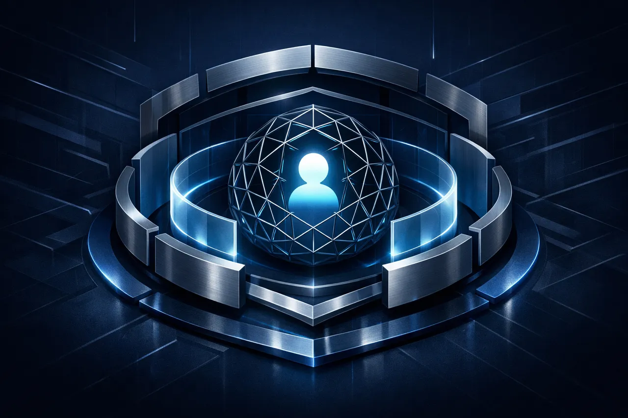 Abstract illustration of segmented access gates protecting a central identity core.
