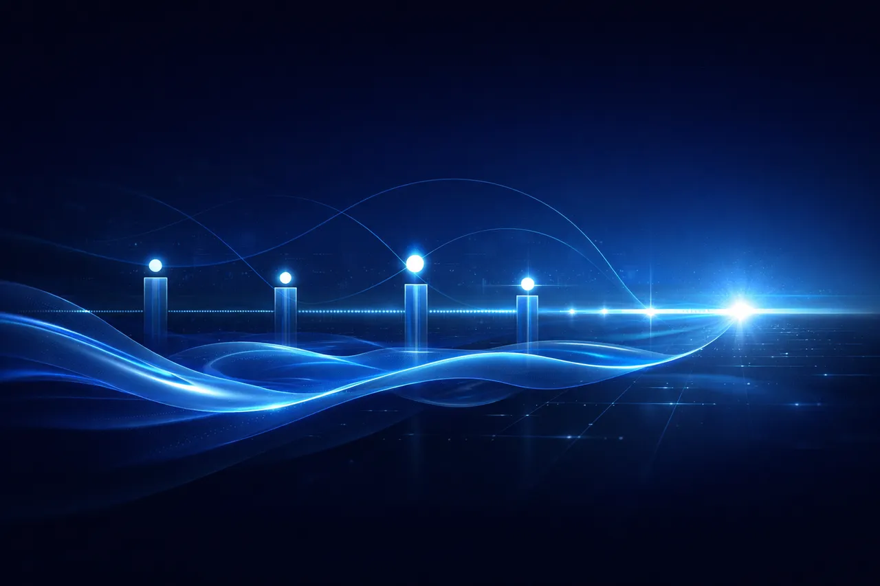 Abstract illustration of payroll and super obligations moving through time-sensitive governed processing lanes.