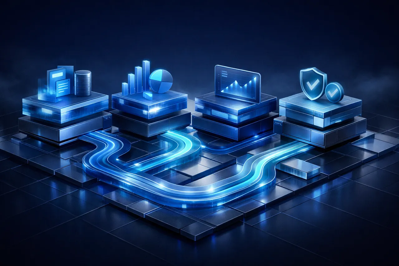 Abstract illustration of super fund servicing, guidance, and control pathways connected through a common operating layer.