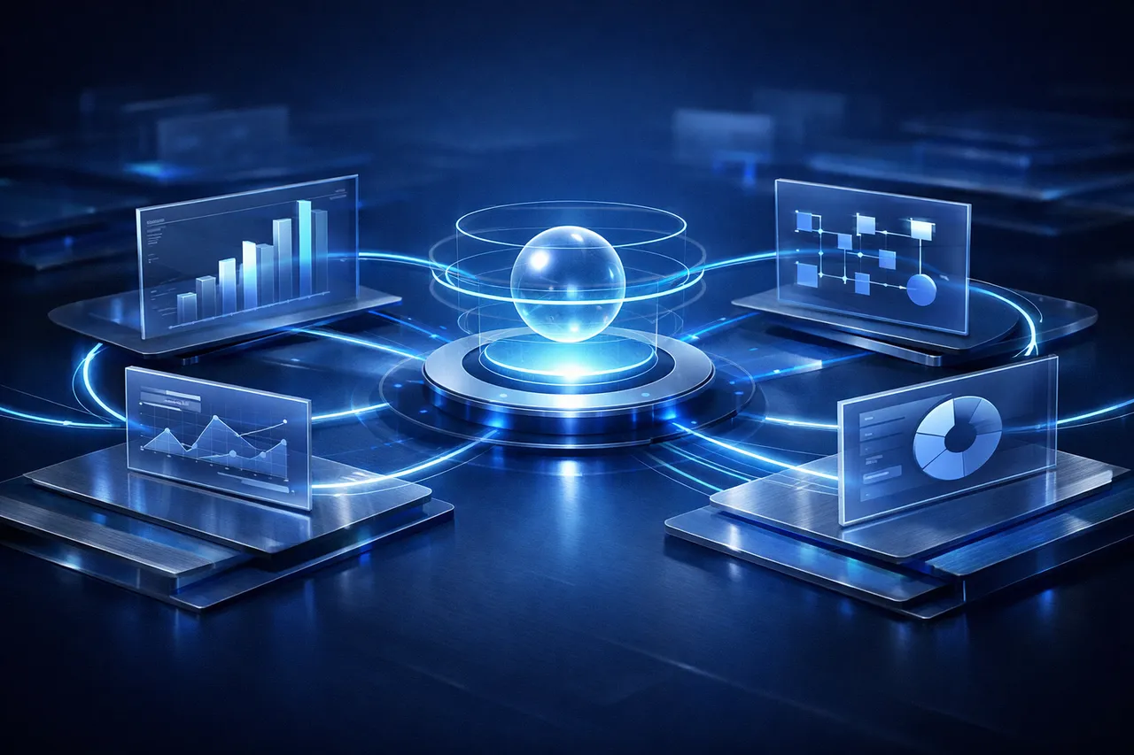 Abstract illustration of a wealth operating layer coordinating governed portfolio and advice pathways.